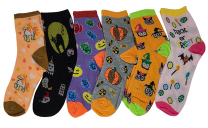 Set of colorful Halloween-themed socks with various designs on a white background.