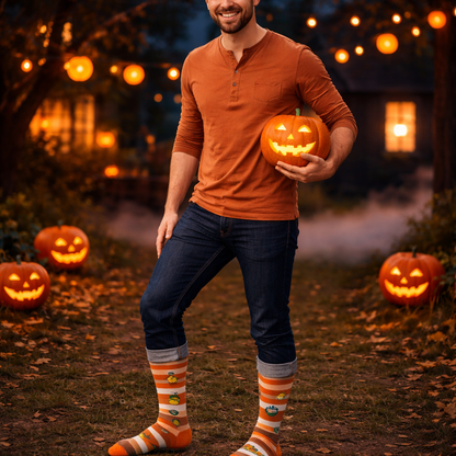 Man holding a carved pumpkin in a Halloween-themed setting with lights and more pumpkins.