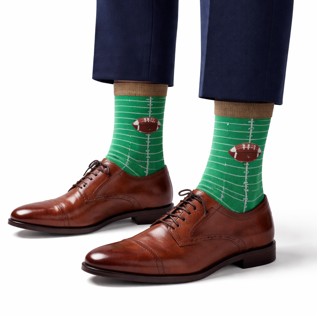 Green socks with football design worn with brown dress shoes and navy pants on a white background