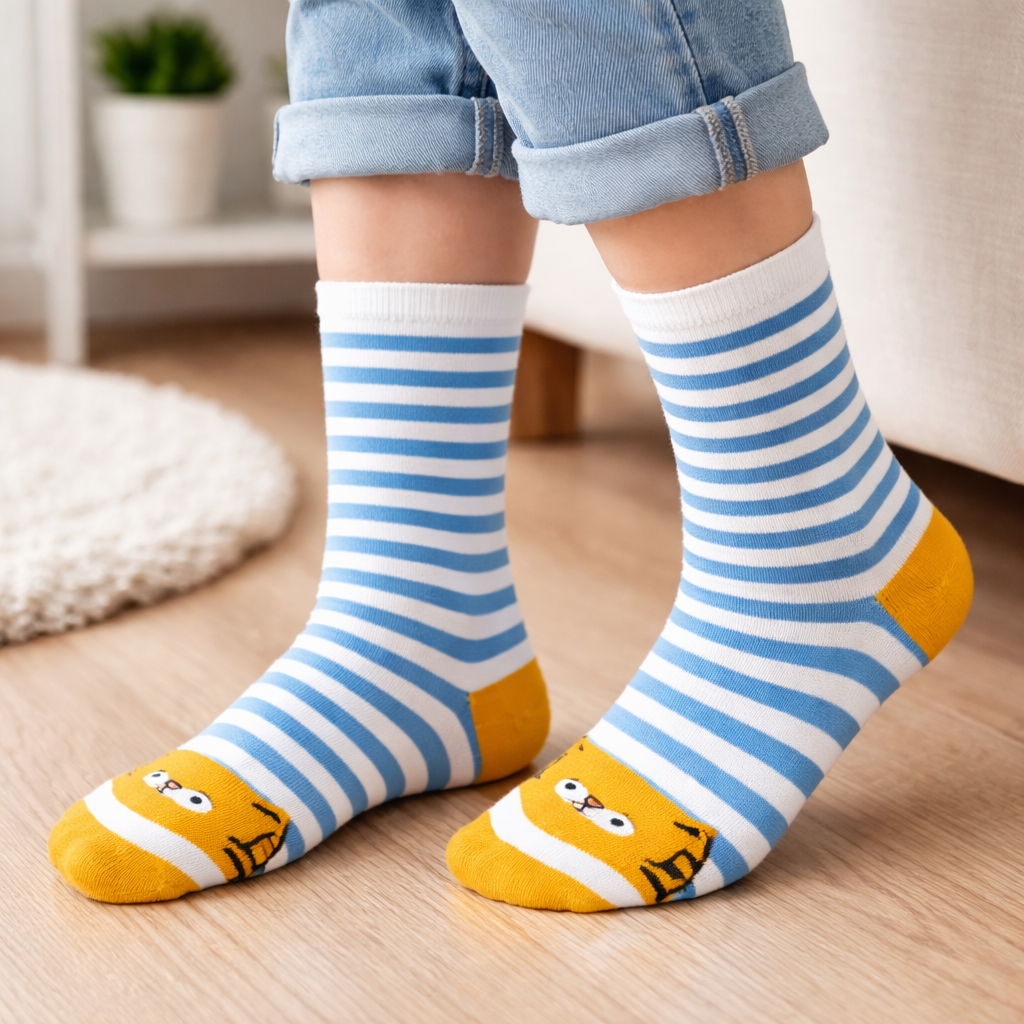 Children's feet wearing blue and white striped Crew socks with yellow accents on a wooden floor.