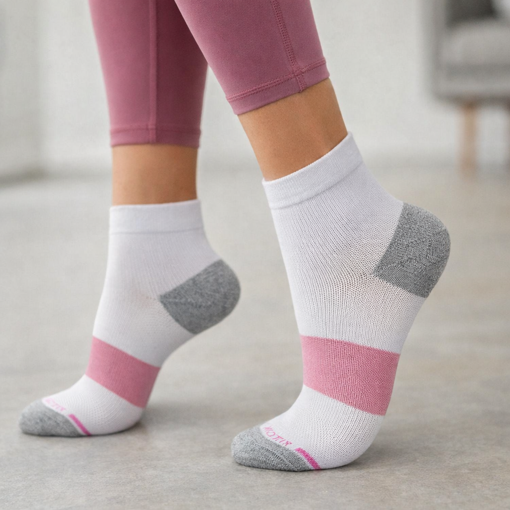 Woman wearing Dr. Motion mid-crew compression socks for all-day comfort and circulation support
