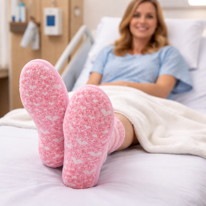 Person in a hospital bed wearing pink Hospital Slipper socks with a blurred background
