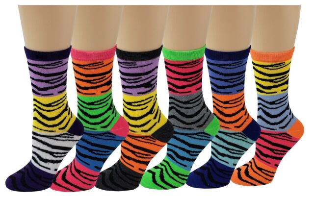 Women 6 Pairs Pack Zebra Pattern Bright Novelty Dress Socks