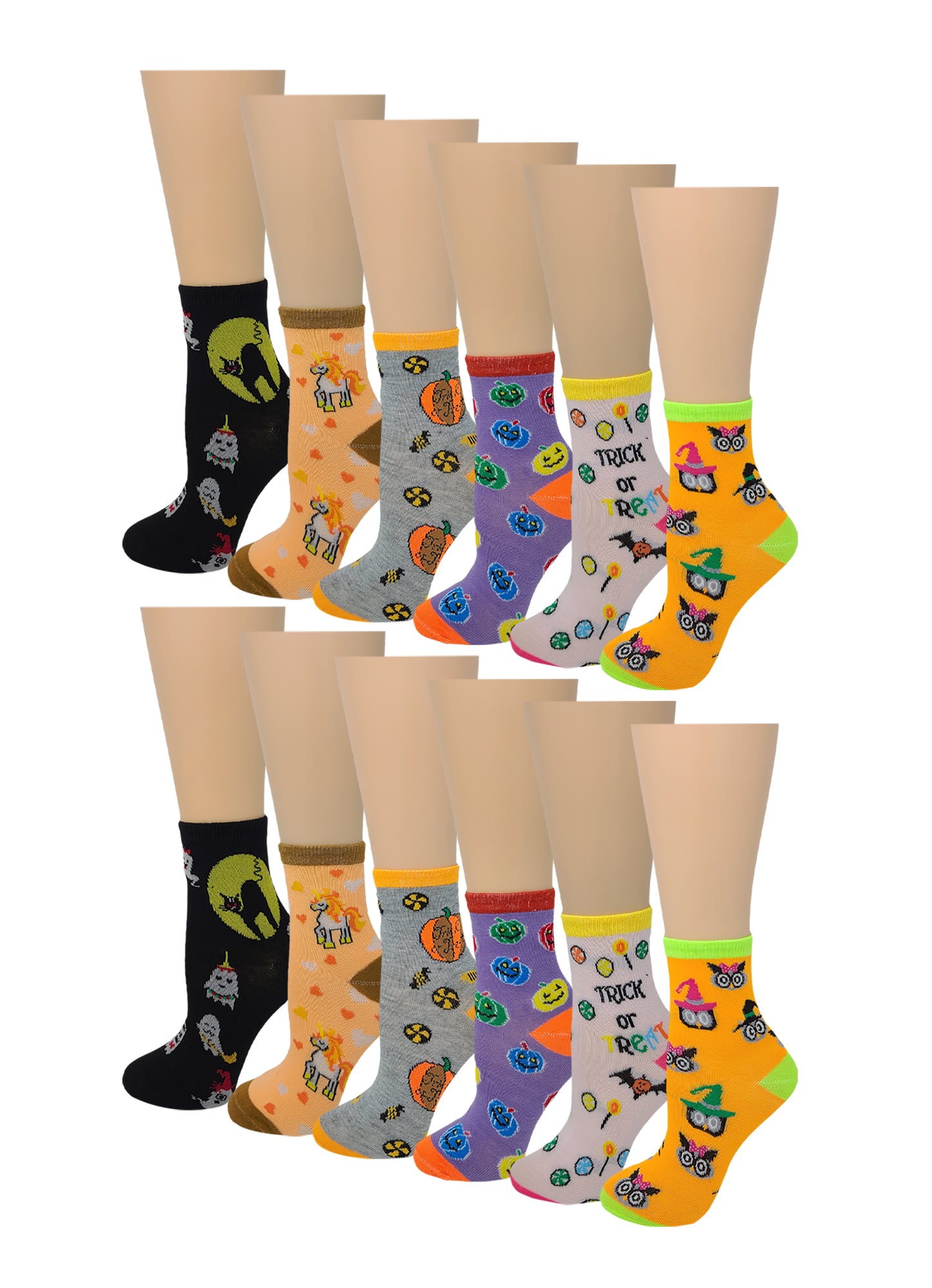 Girls Crew Socks | Halloween Fancy Design | Kids (12 Pairs)