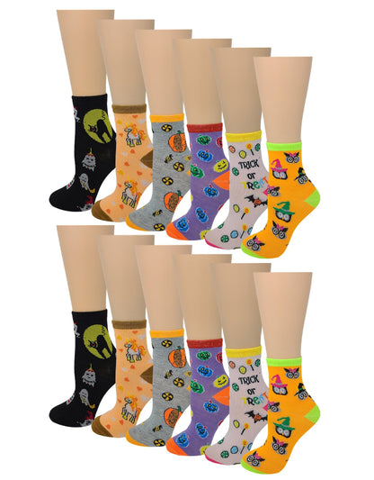 Set of colorful Halloween-themed socks on a white background