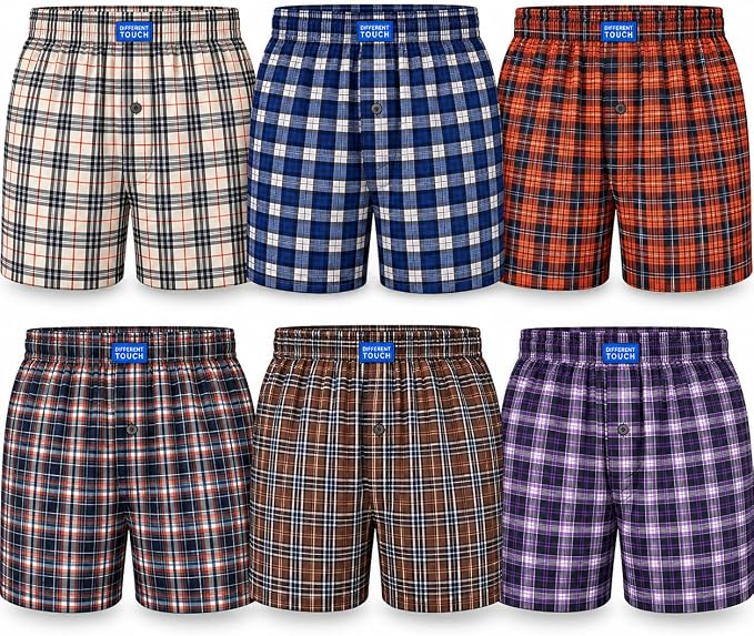 Men's Plaid Boxer Shorts 6 Pack, 100% Cotton
