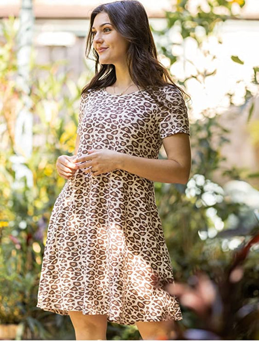 Women Short Sleeve Leopard Print Swing T-Shirt Dress with Pockets