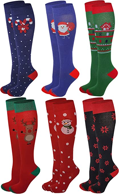 6 Pairs Women Christmas Design Compression Knee High Socks