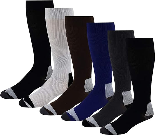 Knee High 15-20 mm Hg Compression Socks | 6 Pairs Women Men (10-13)