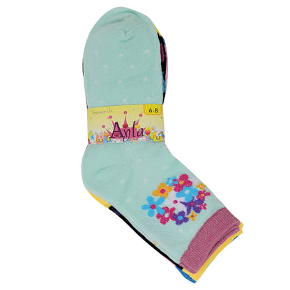 Light blue sock with colorful flower design and 'Ayla' brand label on a white background