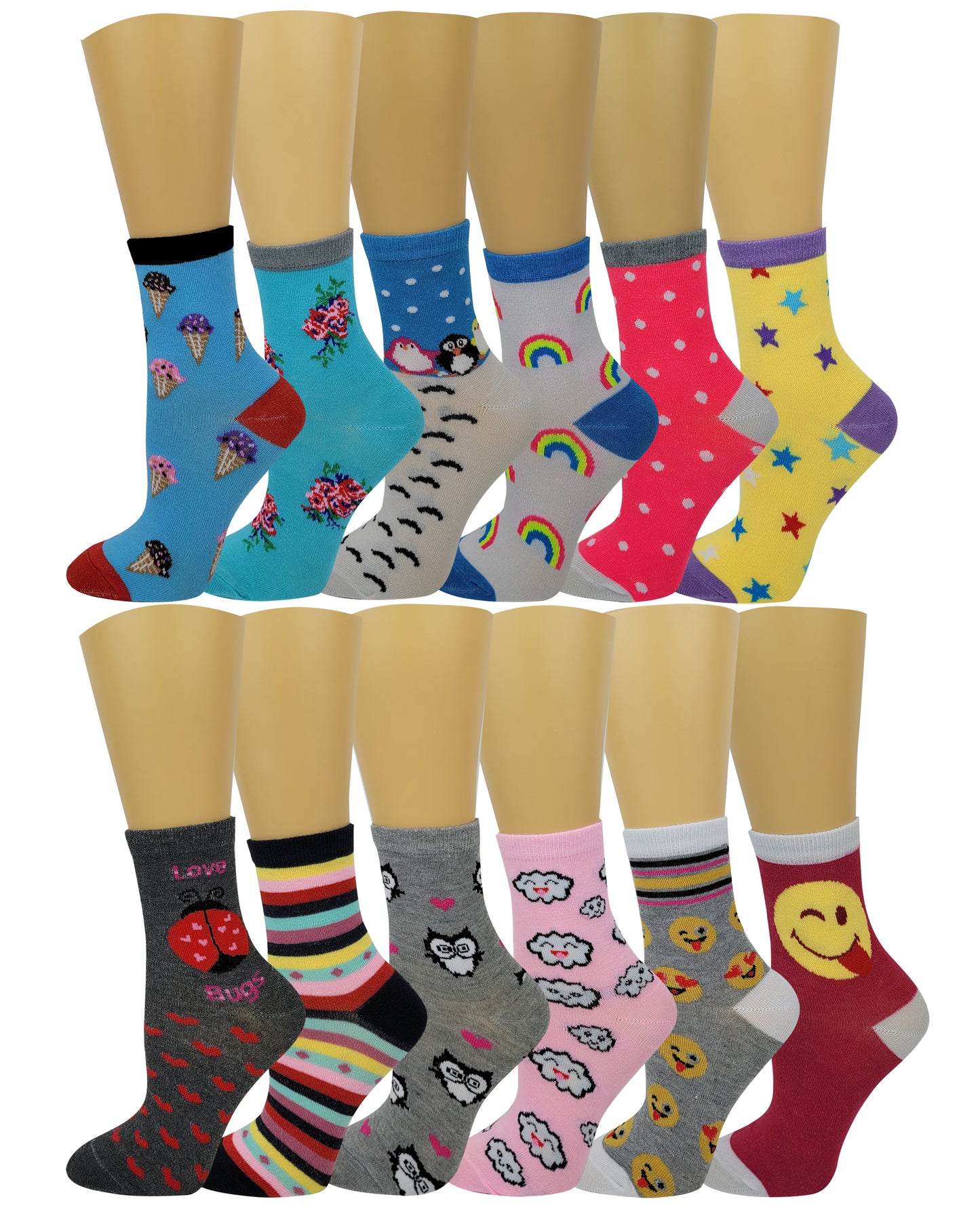 Girls Crew Socks | Fancy Design | Kids (12 Pairs)