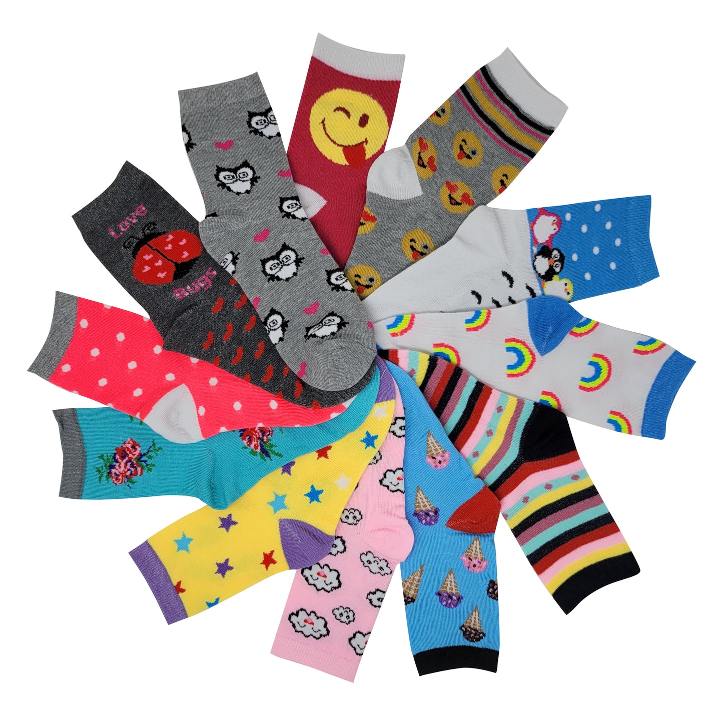 Girls Crew Socks | Fancy Design | Kids (12 Pairs)