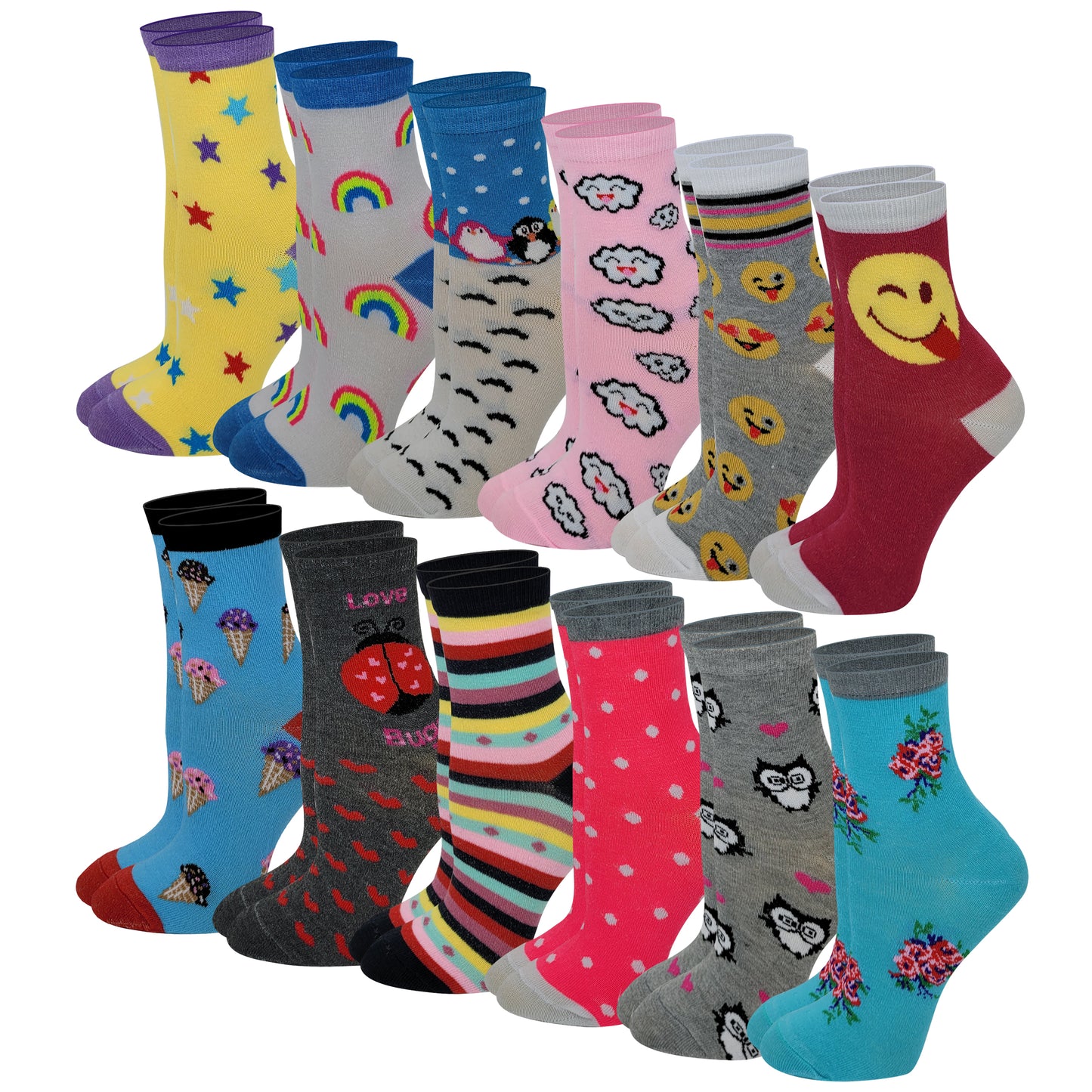 Girls Crew Socks | Fancy Design | Kids (12 Pairs)