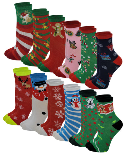 Kids Crew Socks | Christmas Novelty Design | Girls (12 Pairs)