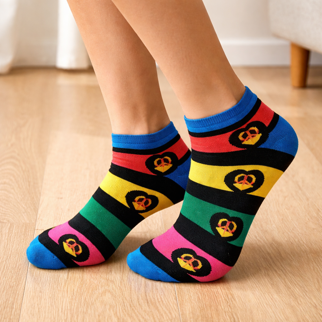 Colorful Ankle socks with peace symbol design on a wooden floor
