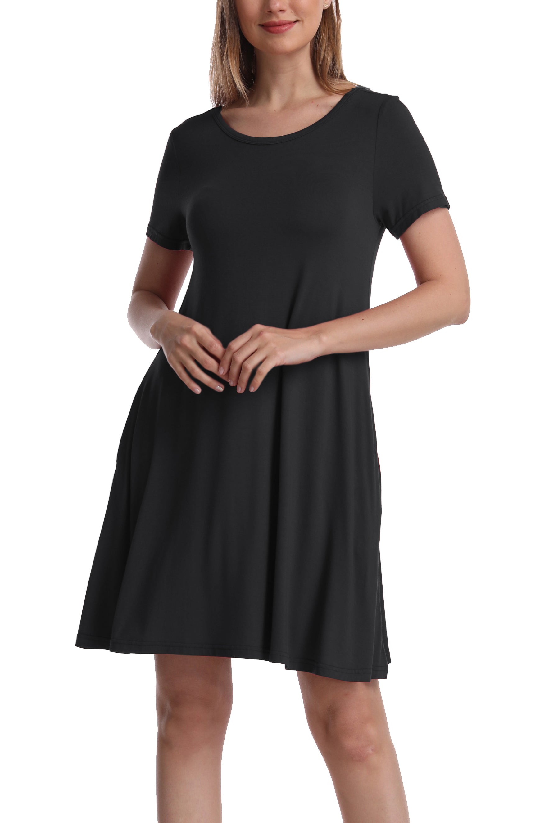 Women Short Sleeve Swing Comfy Summer Beach T-Shirt Dress with Pockets Black / Small Women Short Sleeve Swing Comfy Summer Beach T-Shirt Dress with Pockets Black / Small