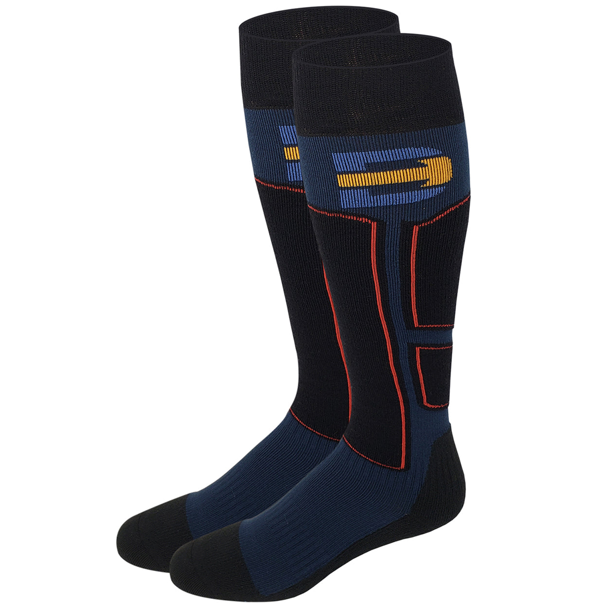 Pair of black and blue socks with red accents on a white background