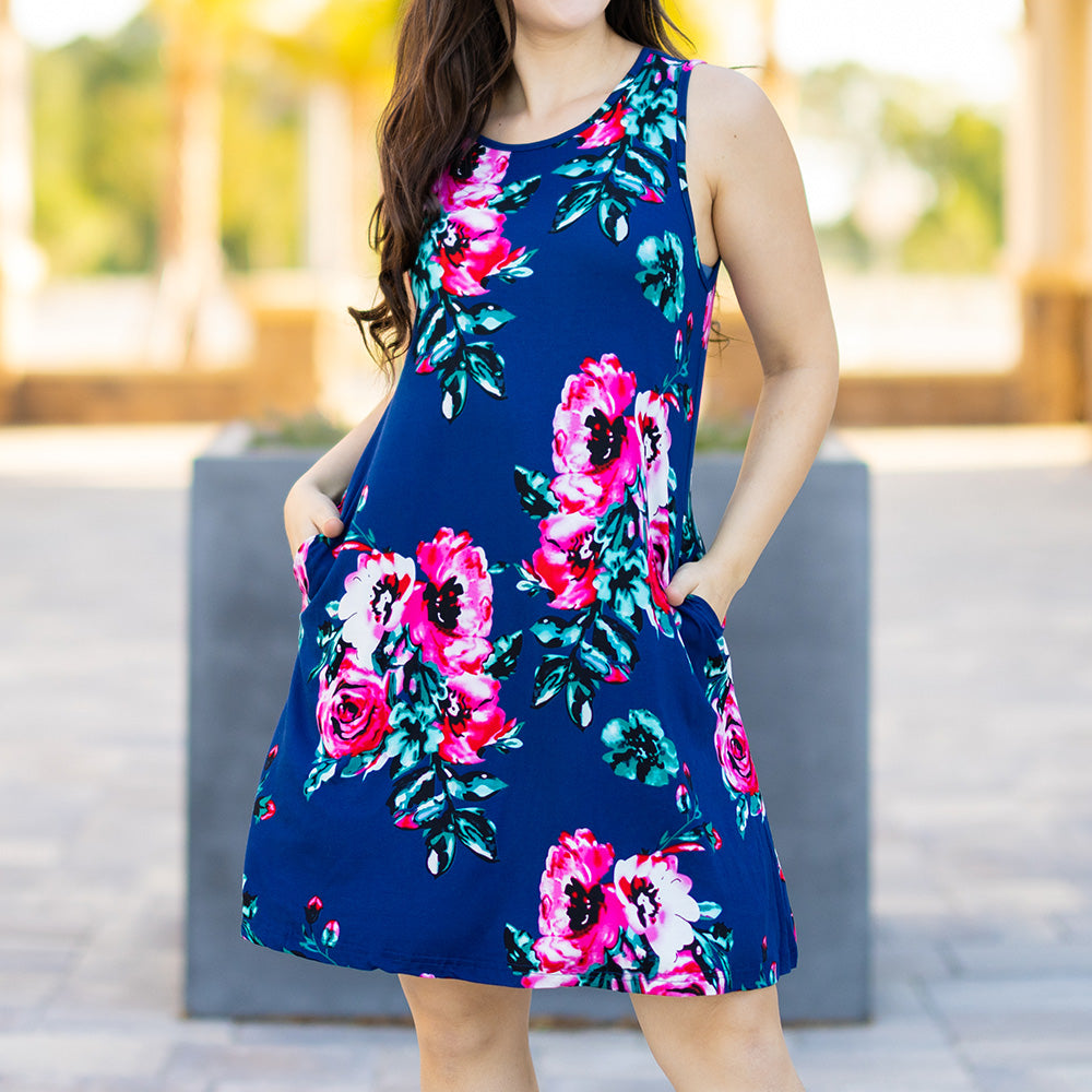 Women's Sleeveless T Shirt Tank Short Dress with Pockets Blue Floral / Large