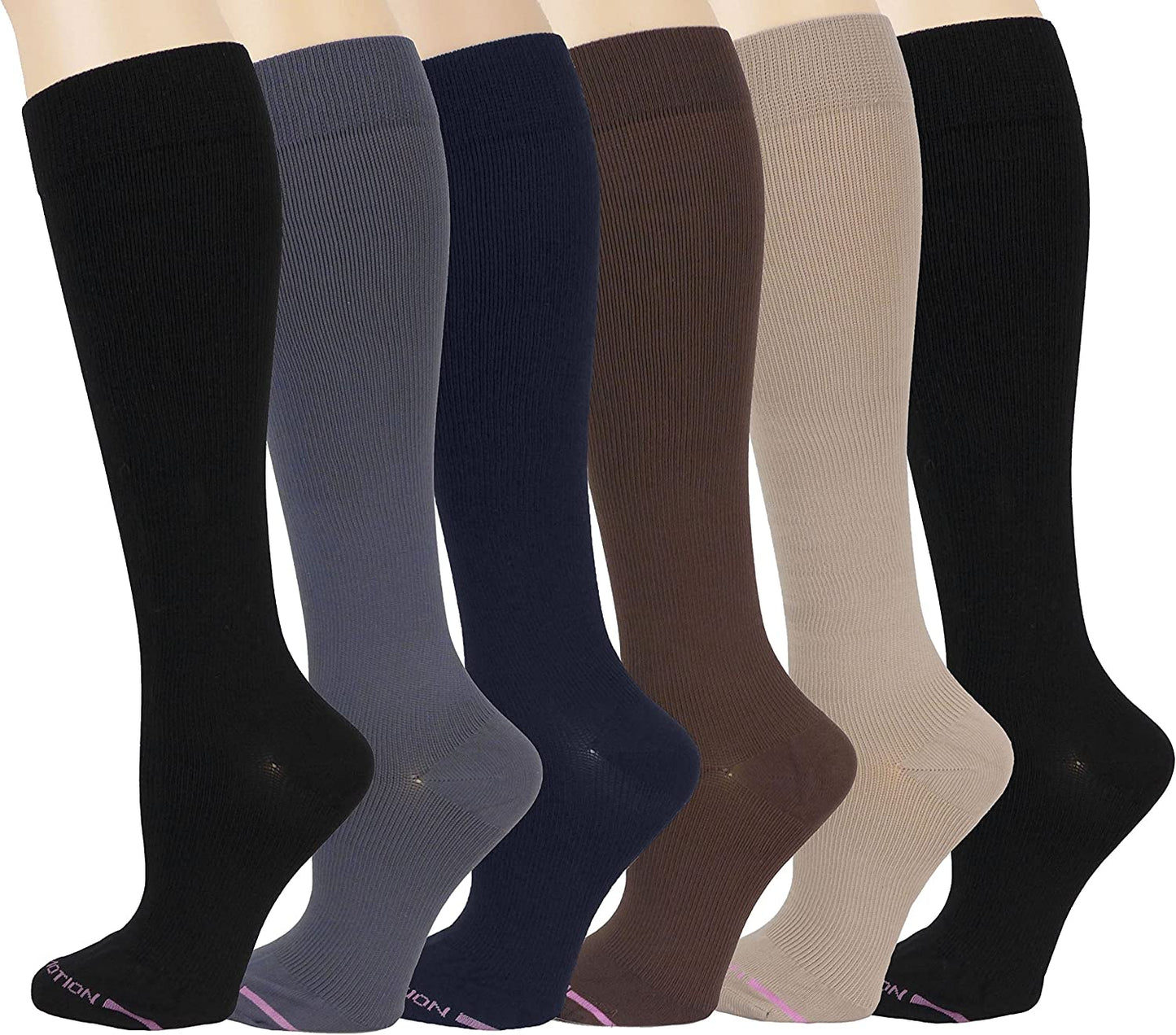 Knee High Compression Socks | Assorted Solid Colors | Womens (6 Pairs)