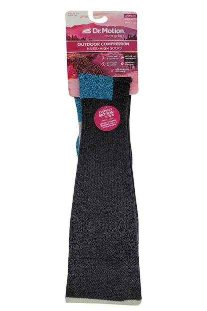 Close-up of Dr. Motion knee-high compression socks showing cushioned sole, breathable mesh, and reinforced toe.”
