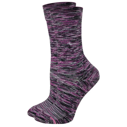 Pair of purple and gray patterned Compression socks on a white background