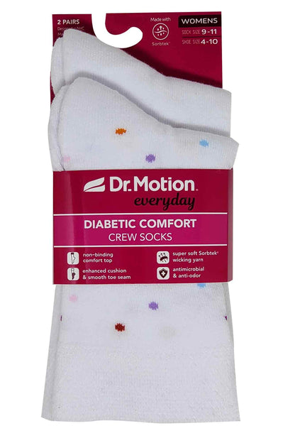Pack of Dr. Motion diabetic comfort crew socks with a red label on a white background