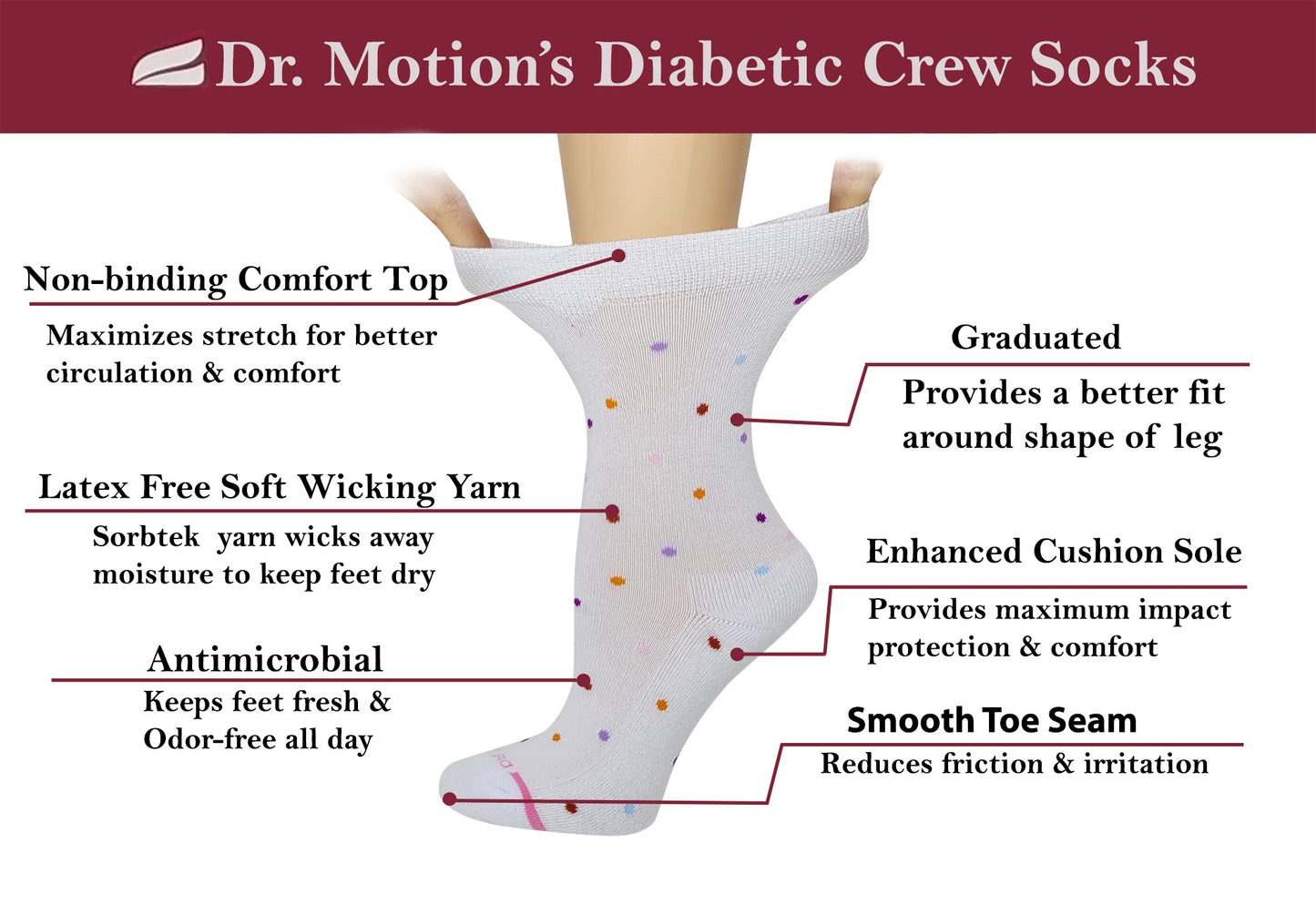 Crew Diabetic Socks | Multidots Half-Cushion | Dr Motion ( 2 Pack )