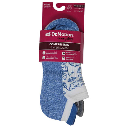Pack of Dr. Motion compression ankle socks with blue and white design on a white background