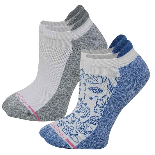Two pairs of Ankle Compression Socks, one gray and one with floral pattern and blue accents, on a white background.