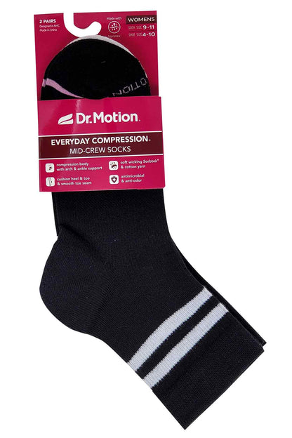 Mid-Crew Compression Socks for Women | Black Half-Cushion | Dr. Motion (2-Pack)