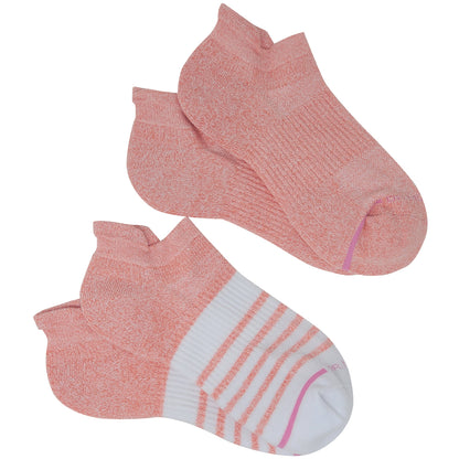 Pair of pink and white socks with stripes on a white background