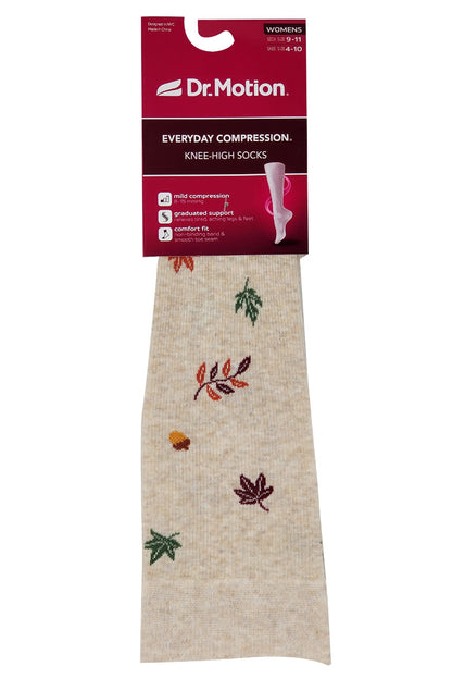 Dr. Motion knee-high socks with floral pattern packaging on a white background