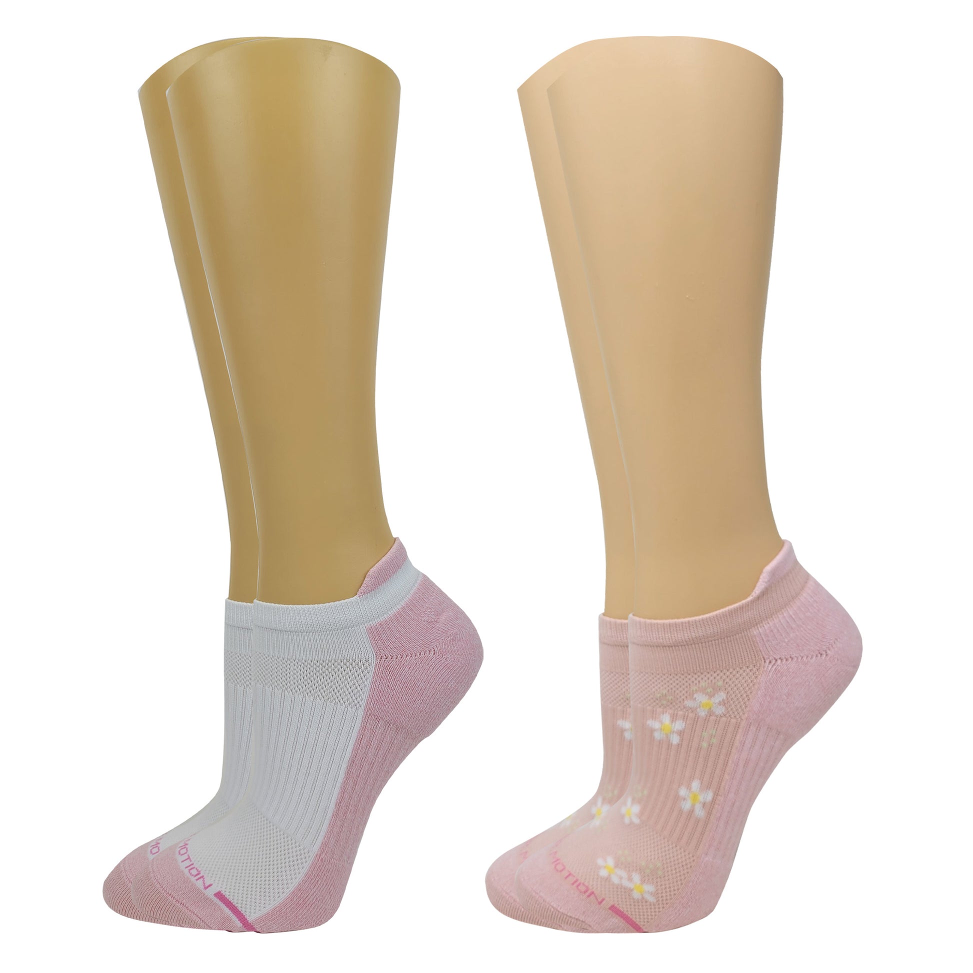 Two pairs of dr motion ankle compression socks on mannequin legs against a white background
