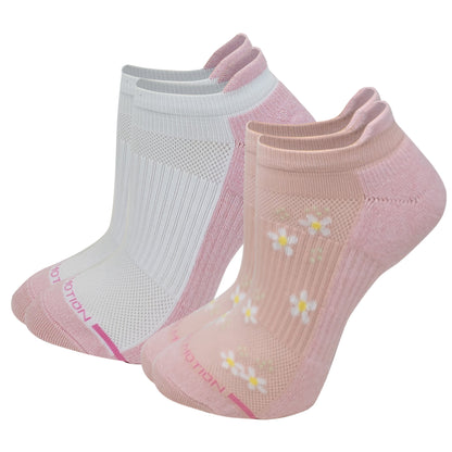 Two pairs of dr motion ankle compression socks, one white and one pink with floral design, on a white background.