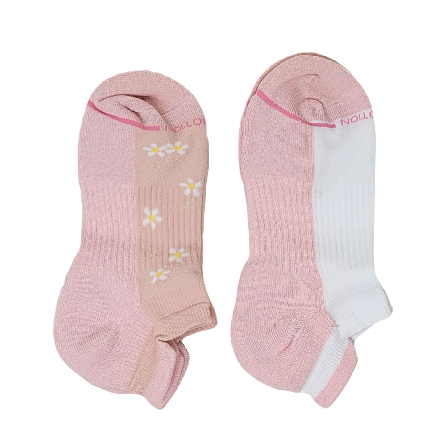 Two pairs of pink socks with floral designs on a white background