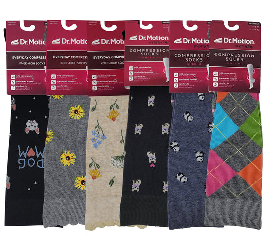 Knee High Compression Socks | Everyday Assorted Print | Women's (6 Pairs)