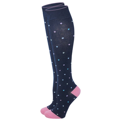 Navy knee-high socks with heart patterns on a white background