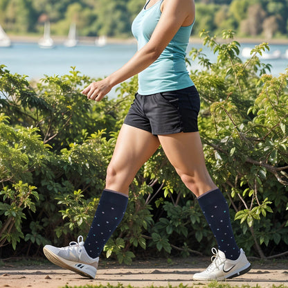 Woman wearing knee high compression socks with heart pattern for leg support, travel, work, and daily comfort