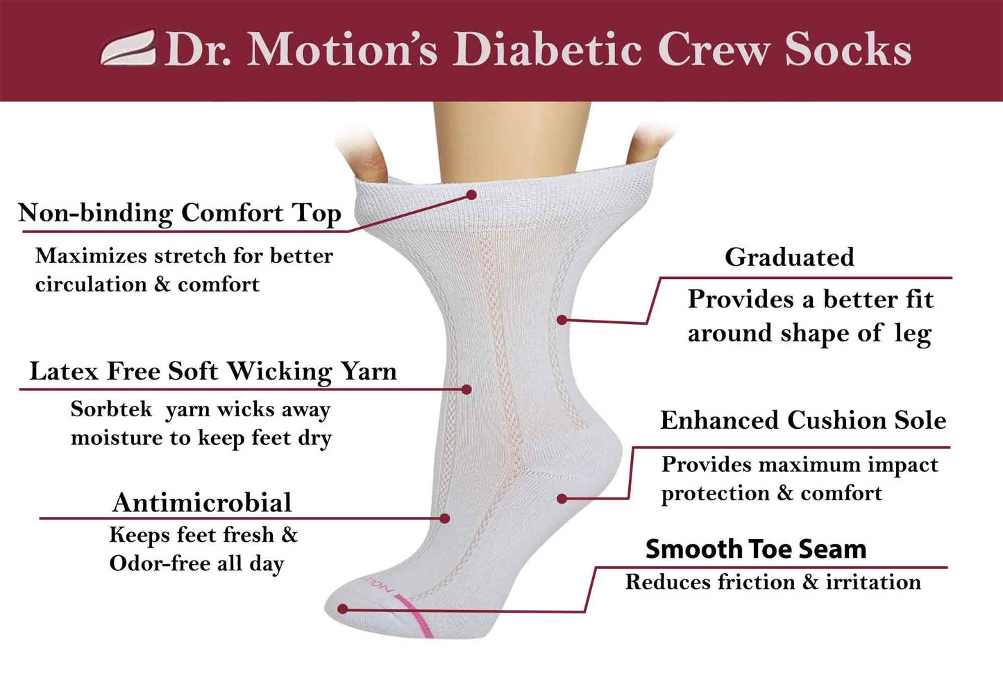 Crew Diabetic Socks | Texture Column Half-Cushion | Dr Motion ( 2 Pack )