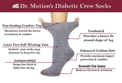 Woman wearing Dr Motion diabetic socks with kitten design indoors, comfortable non-binding socks for all-day wear