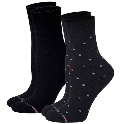 Two pairs of black dr motion mid crew socks, one plain and one with colorful dots, on a white background.