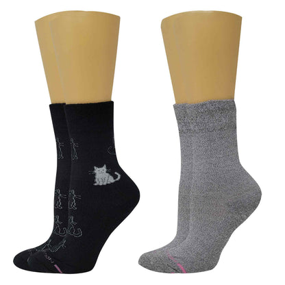 Women’s diabetic crew socks with kitten pattern, smooth toe seam and moisture-wicking Sorbtek yarn
