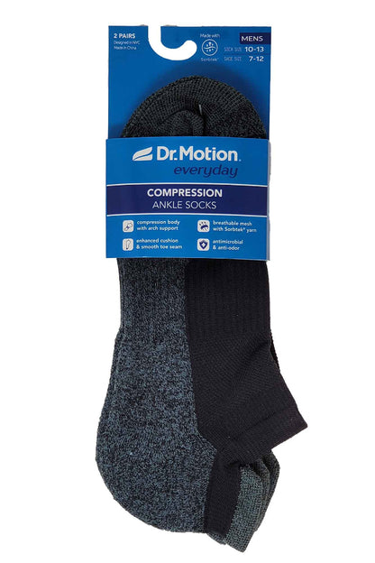 Pack of Dr. Motion compression ankle socks with packaging on a white background