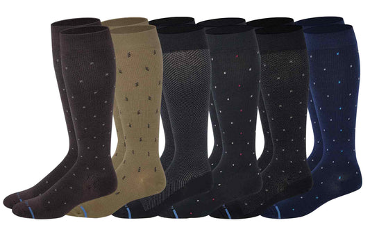 Knee-High Compression Socks | Stylish Assorted Design | Dr Motion Men's (6 Pairs