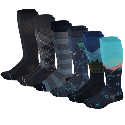 Knee-High Compression Socks | Everyday Assorted Design | Dr Motion Men's (6 Pairs)