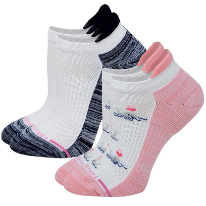 Dr. Motion whale ankle compression socks showing reinforced toe, cushioned heel, and arch support