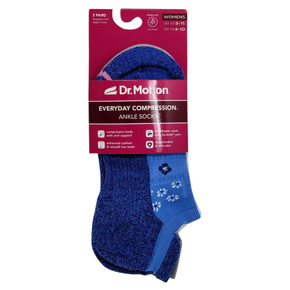 Everyday Compression Ankle Socks | Dr Motion Socks | Women's | Blue Flowers (2 Pack)