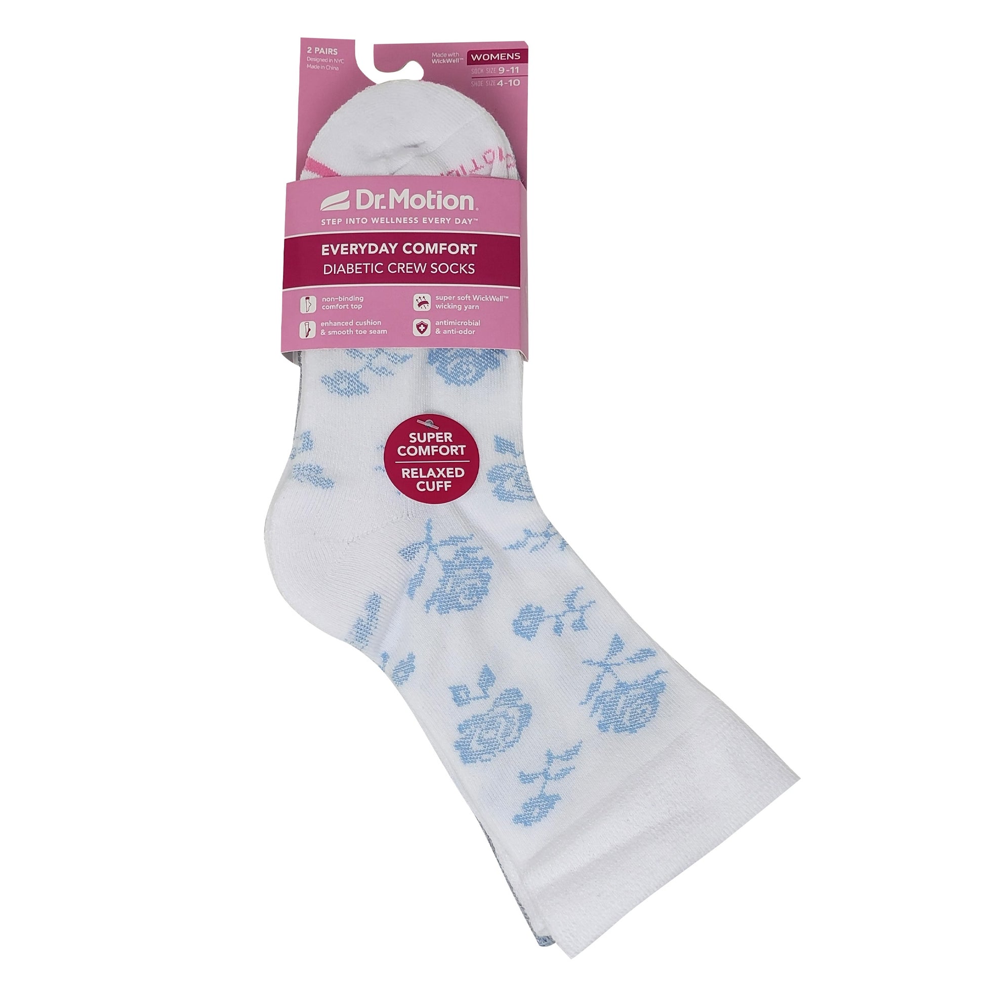 White sock with blue floral patterns on a Dr. Motion packaging background