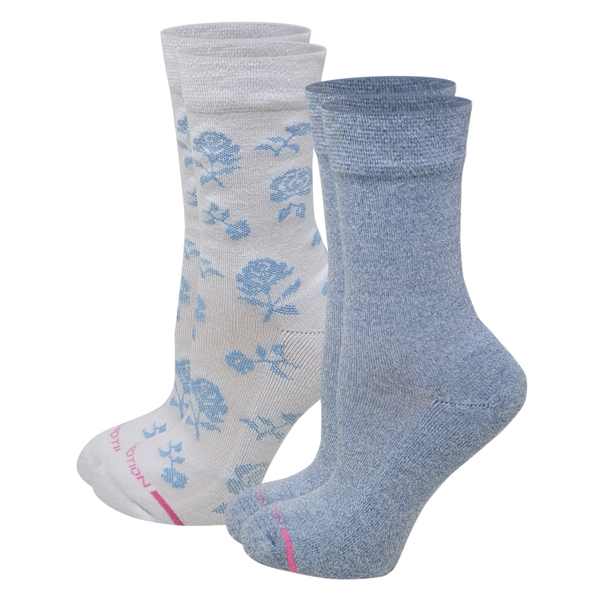 Dr. Motion women’s French blue roses diabetic crew socks 2 pack