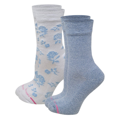 Dr. Motion women’s French blue roses diabetic crew socks 2 pack